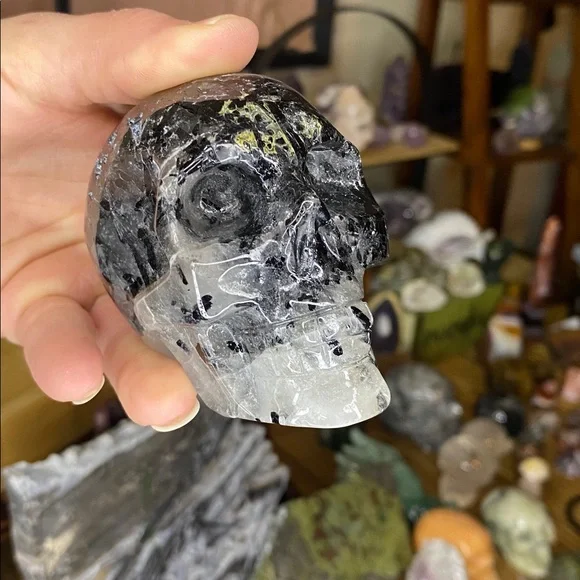 Insanely Dense Black Tourmalated Quartz Skull Carving - Picture 2 of 7